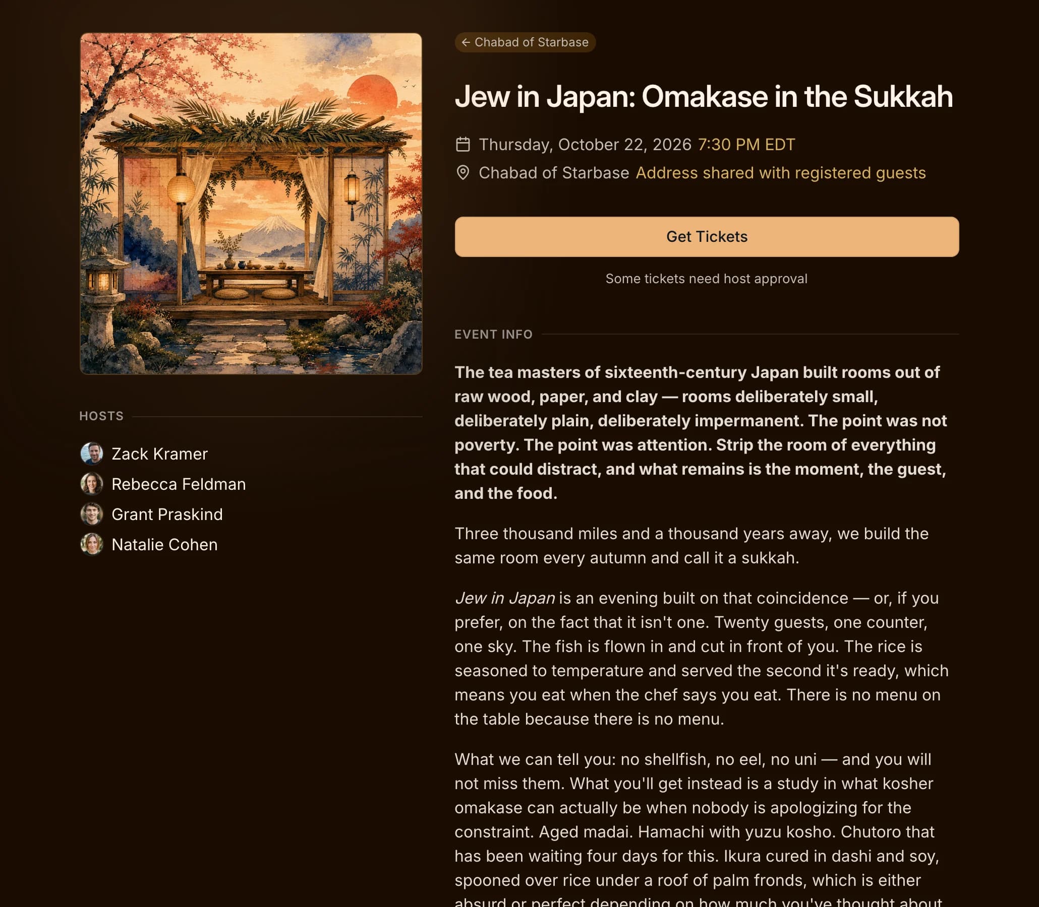 A public event page in warm amber tones with the cover image, date, Get Tickets button and hosts