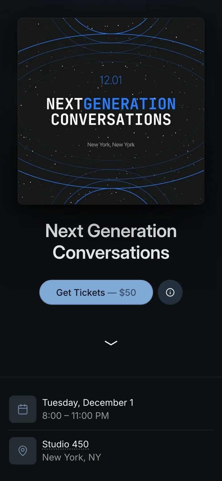 A gala event page on a phone: the cover, the event name, a Get Tickets button with the price, and the date and venue.