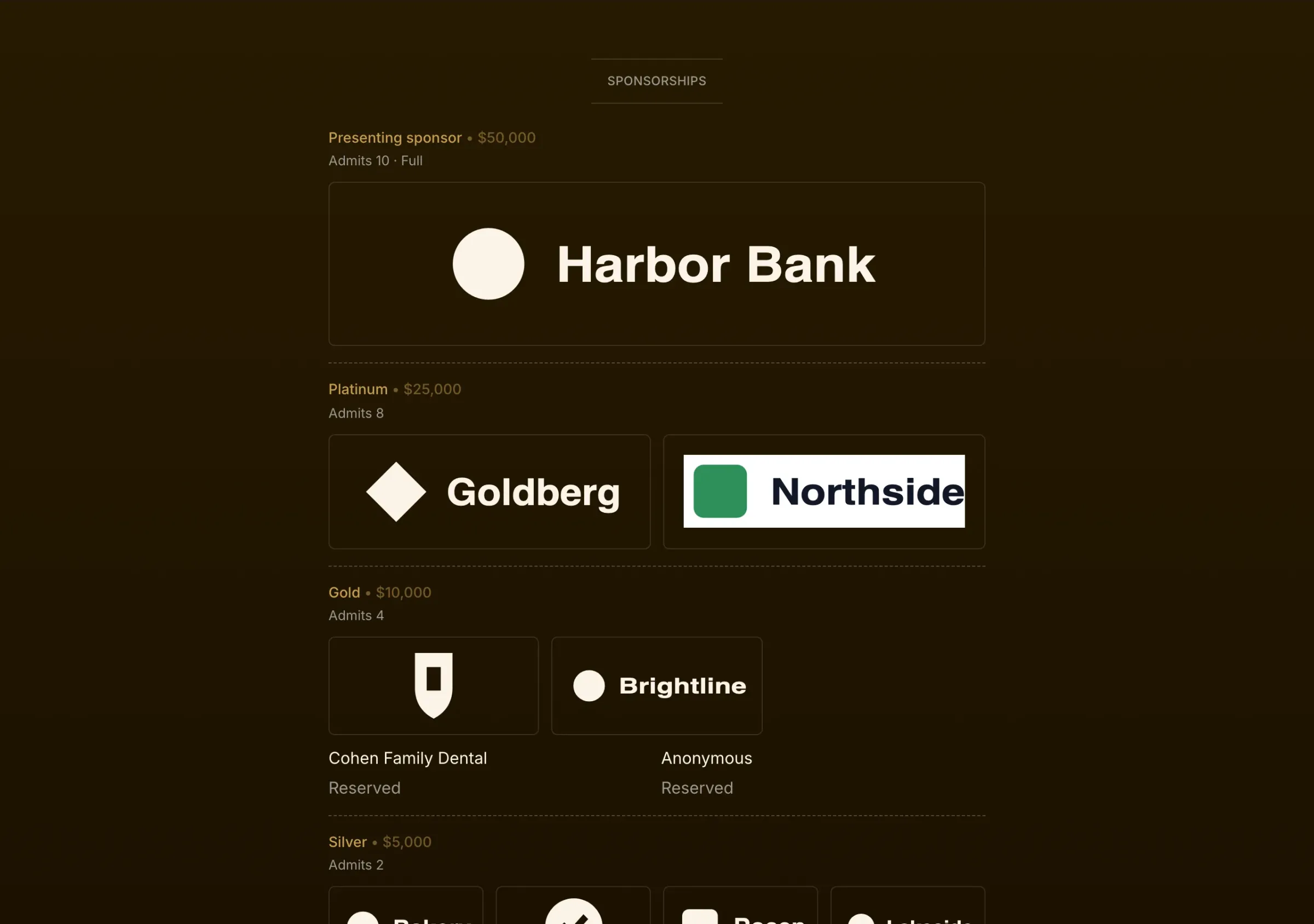 The sponsorships section of an event page: a presenting sponsor’s logo, then Platinum and Gold levels with logos in the page’s colors and reserved places.