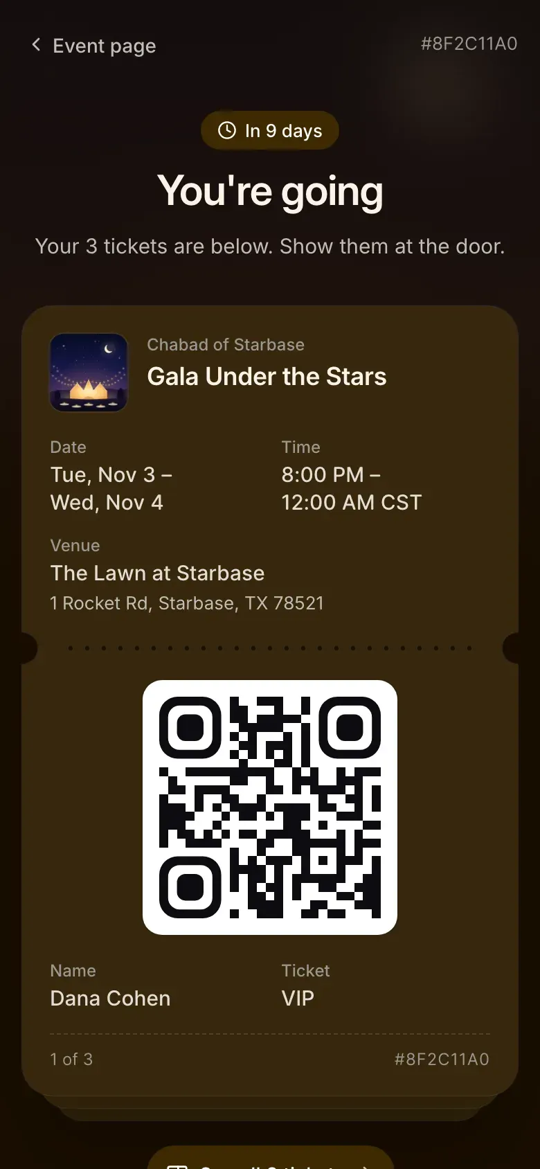 A guest’s ticket on a phone: the event, date, venue, a QR code and the ticket holder’s name.